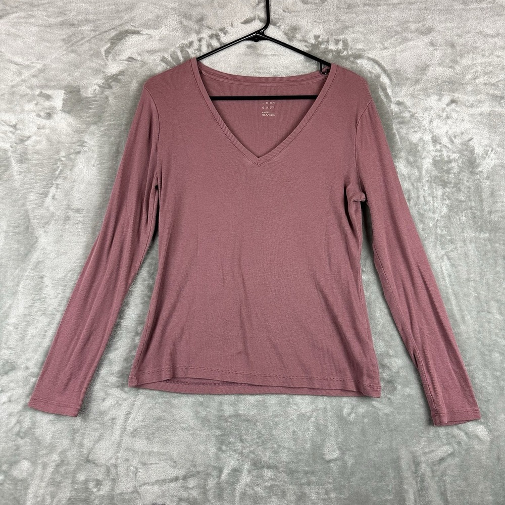 A New Day Ribbed V-Neck Top Women's M Mauve Pink Long Sleeve